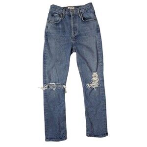 AGOLDE Womens Riley High Rise Straight Crop Jeans Size 24 Blue Distressed Denim